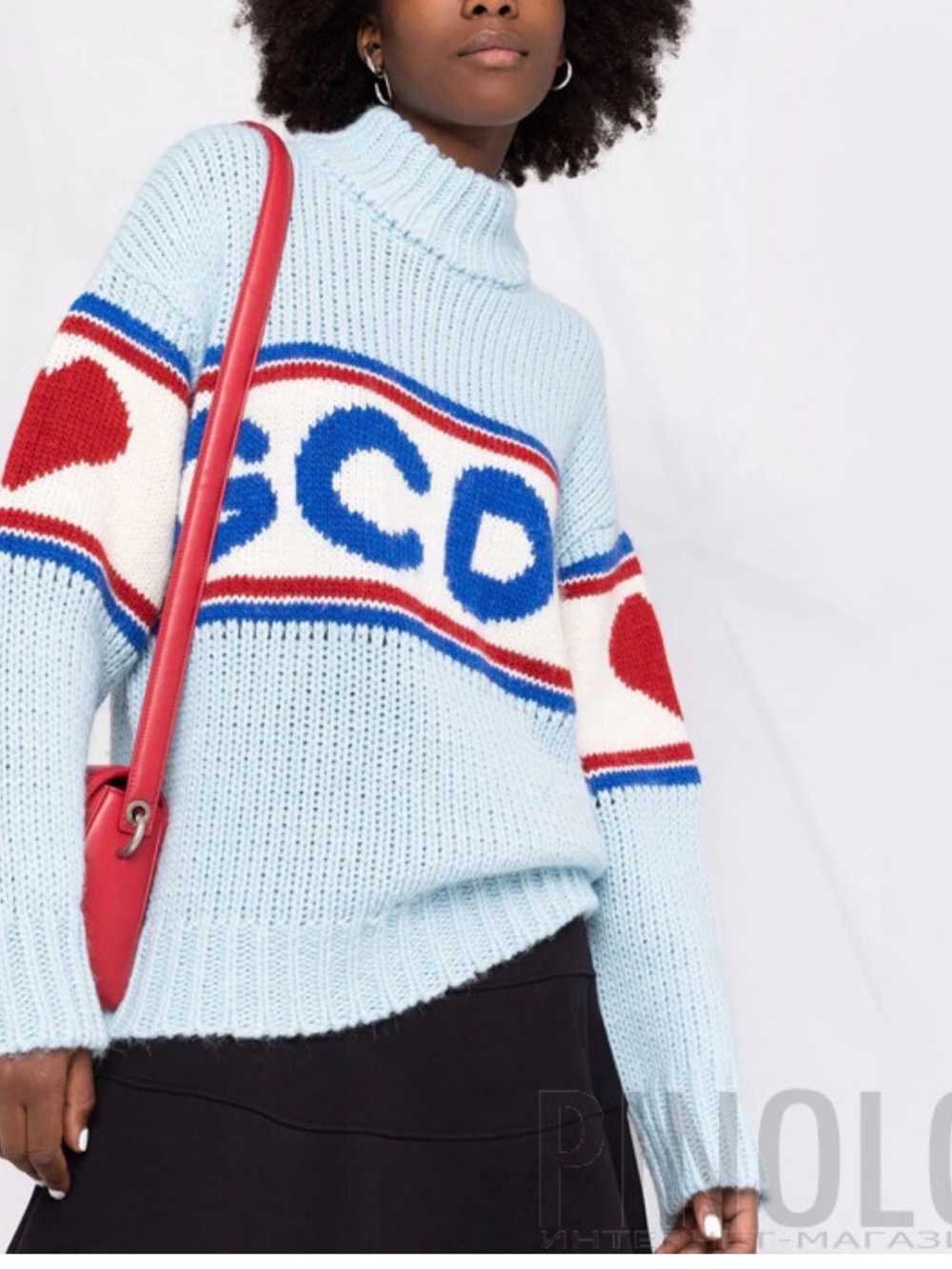 Light Blue Heart Stripe Turtleneck Sweater with Red & Blue Accents